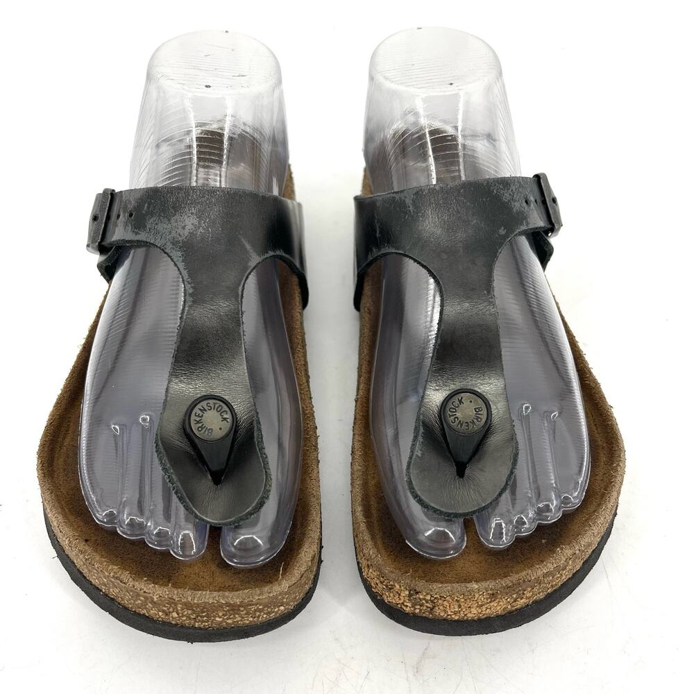 Birkenstock Gizeh metallic gray/black leather thong sandal‎ (36) US 5.5